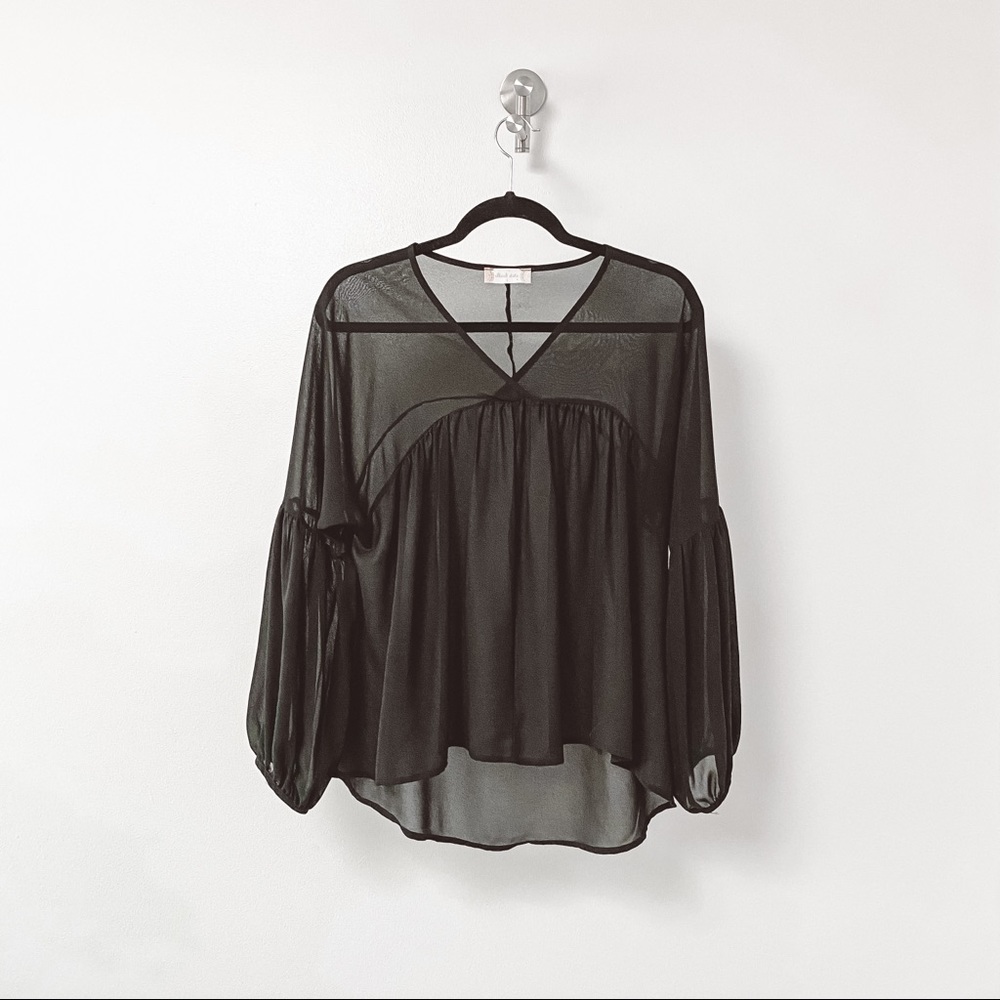 Altar'd‎ State Fall Boho Casual Chic Sheer Flowy Puff Sleeve Top Black